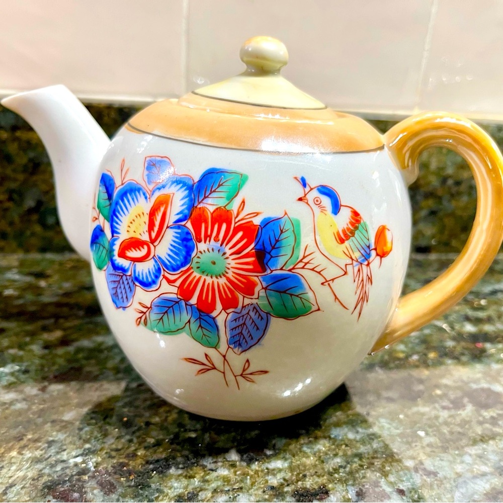 Vintage Floral Ceramic Nipon Teapot with Bird Design